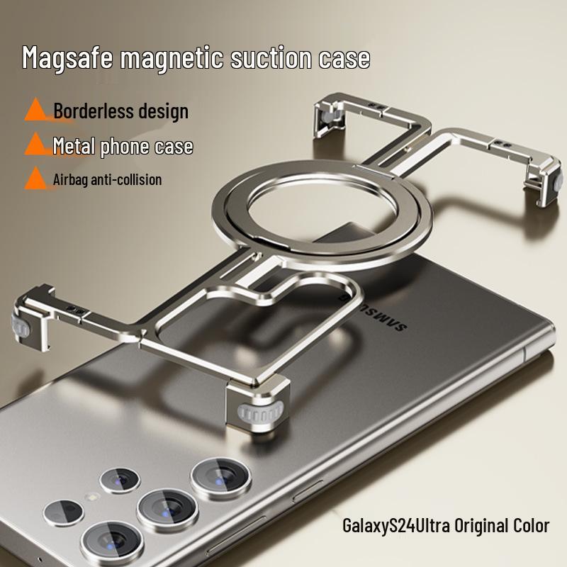 Kovový nárazuvzdorný kryt na telefon Samsung S24 Ultra s bezrámečkovým magnetickým stojánkem a airbagem pro S23U pro odvod tepla
