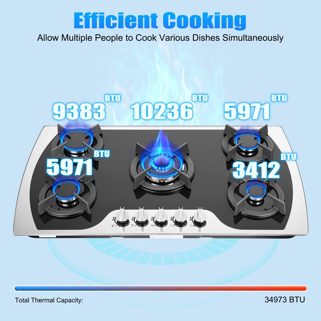 5 Burner Gas Cooktop Tempered Glass Gas Stoves 180 Degree Heat Control Knob Kitchen Gas Stove for Home Use W/ Safety Protection