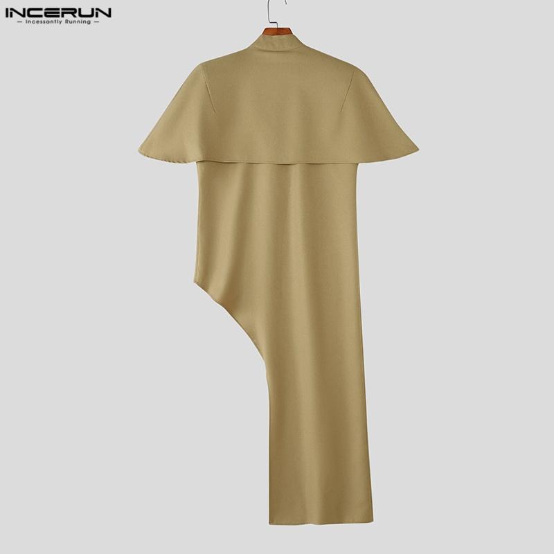 INCERUN Men Stand Neck Short Sleeve Buttons Side Splits Irregular Shirts Tops