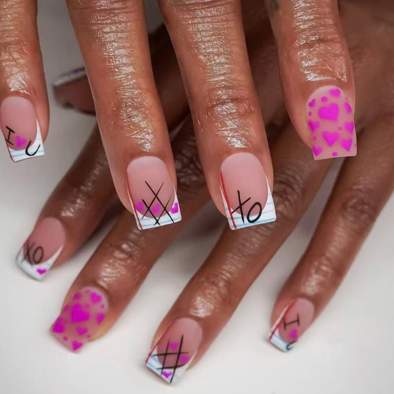 

Artistic False Nail With Heart Design Matte Finish Short Square Shape Artificial Nail For Fashionable Looks Quick Apply 1