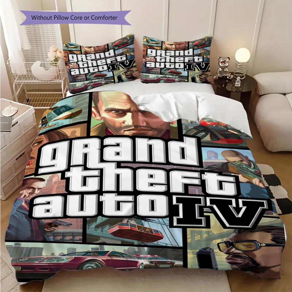 Ropa de cama con personajes vibrantes de Grand Theft Auto V (1 * funda nórdica + 2 * fundas de almohada, sin núcleo) Juego de ropa de cama de regalo de cumpleaños de Navidad plano 2D