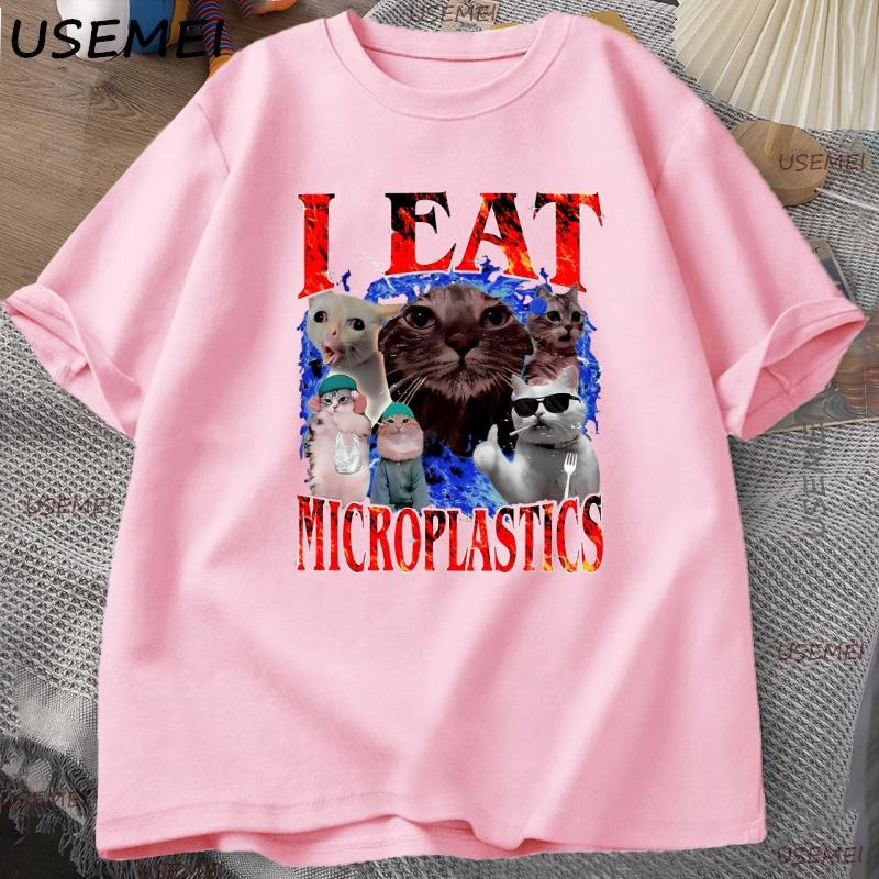 Cursed Cat T Shirt I Eat Microplastics Graphic Tee for Unisex Women Funny Weirdcore Top Cotton Short Sleeve Loose Tshirt Clothes