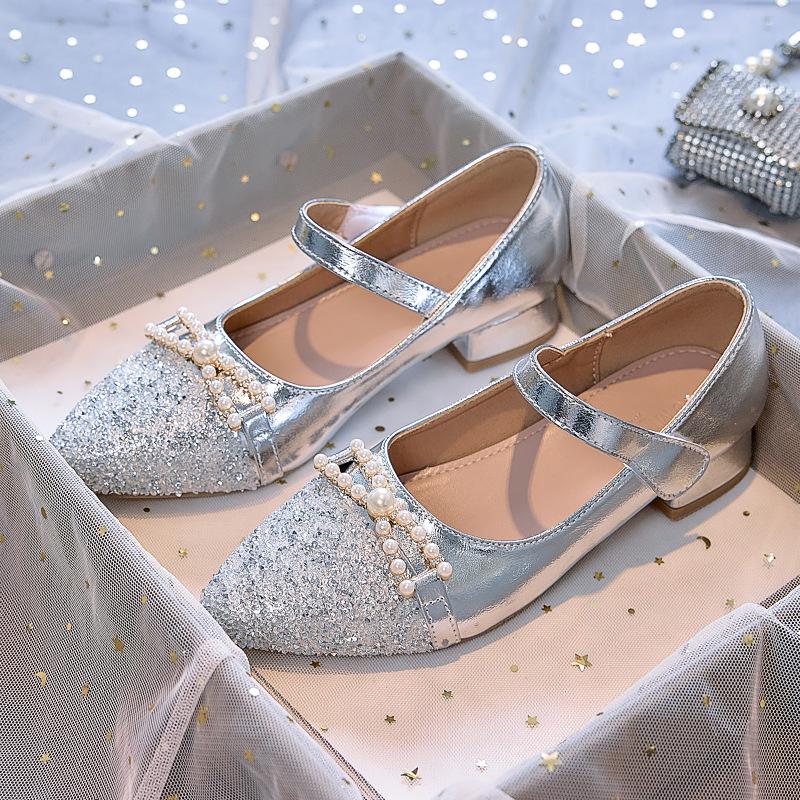 Girls' princess shoes 2025 new spring and autumn small fragrant style shining high heels children's show with dress rhinestone single shoes