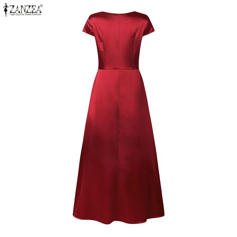 ZANZEA Women Elegant V-Neck Casual Short Sleeve Satin Long Dress