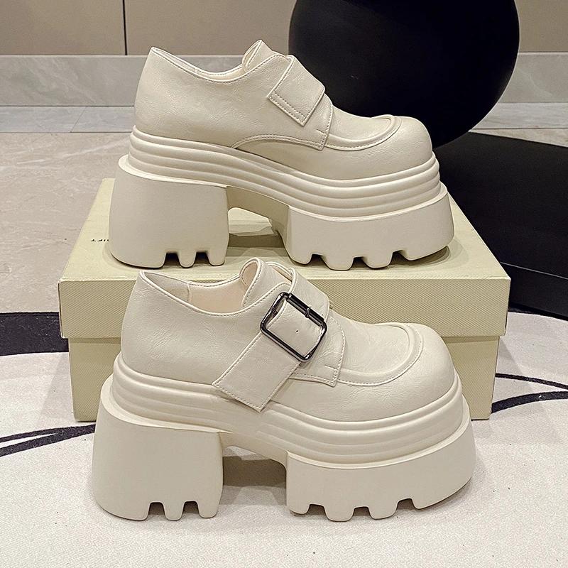 Fashion 10CM Heels Buckle Casual Leather Shoes New 2025 Spring Women Chunky Sneakers Comfortable Pumps High Platform Walking Shoes Woman