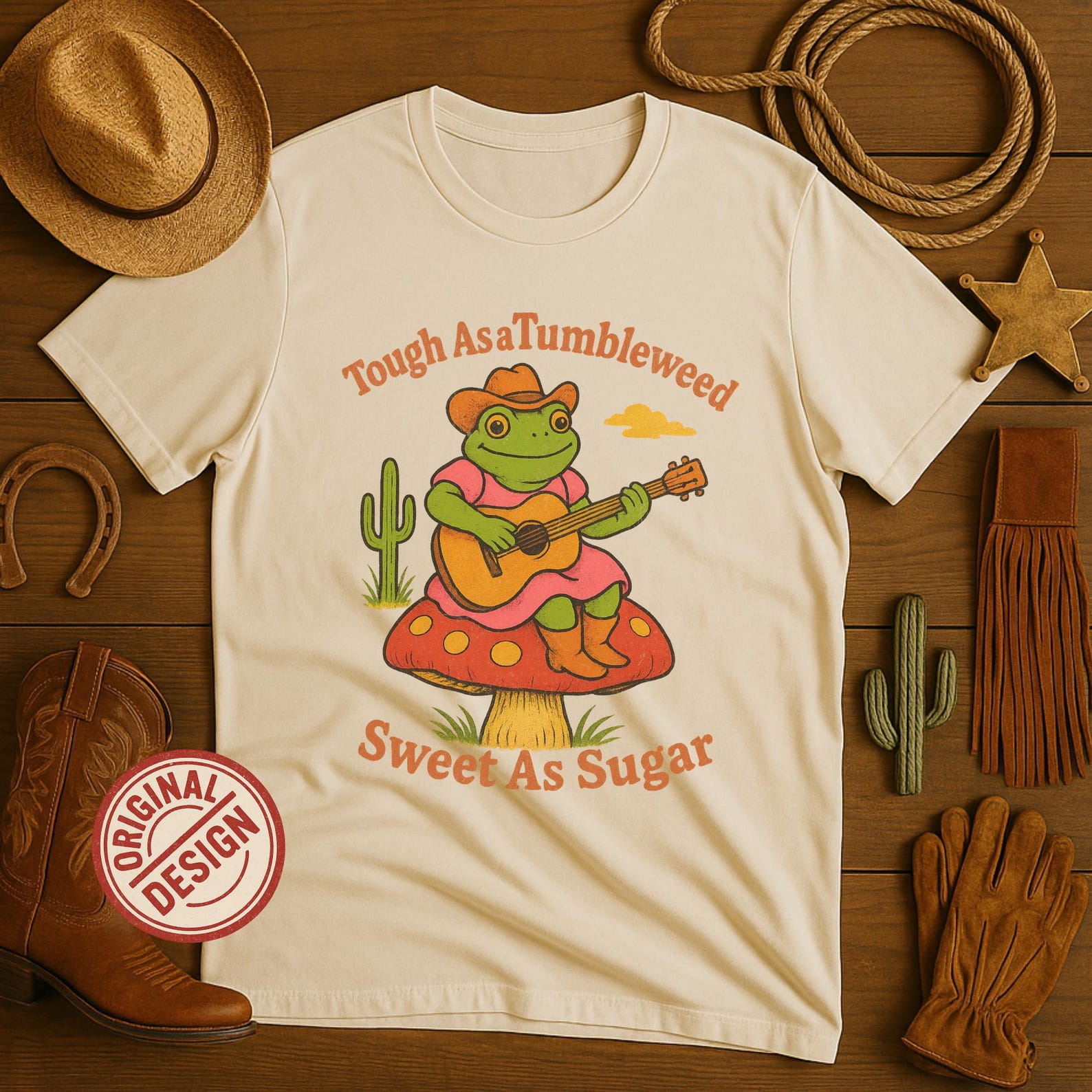 Vintage Cowboy Frog Shirt – Retro Toad on Mushroom Guitar Tee,gift for cowgirl. S