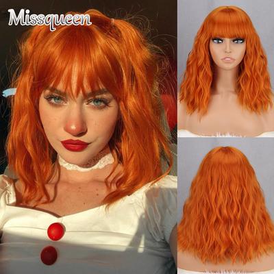 Orange Kurze Wellige Perücke Damenmode Schulterlang Synthetische Faser Natürliche Wasserwelle Perücke Cosplay Alltagskleidung