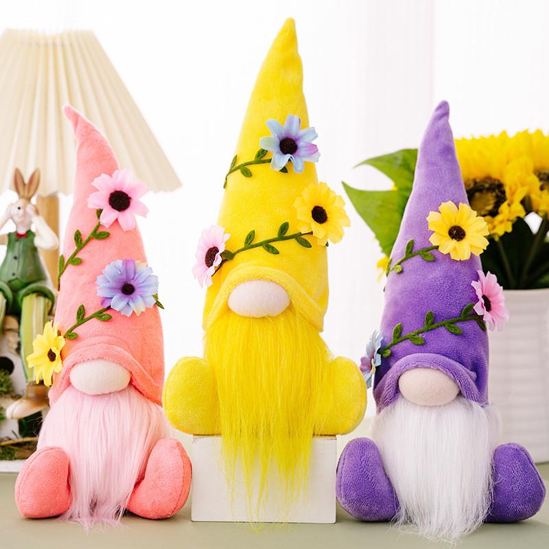Adorable Plush Seating Gnome Figurine In Purple Pink And Yellow For Home Decor