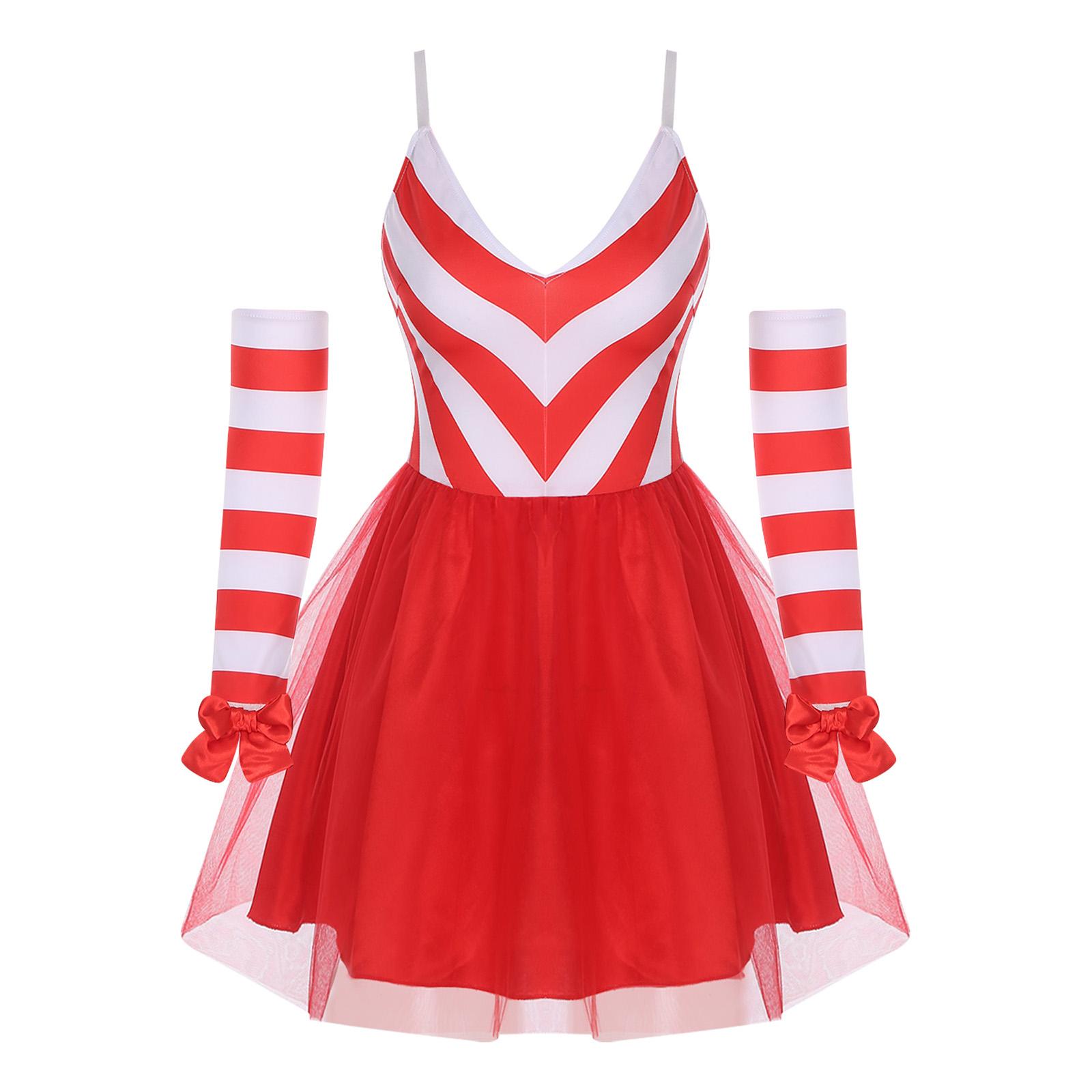 Women Christmas Dance Dress Xmas New Year Party Santa Elf Costume Adjustable Straps Candy Cane Striped Tulle Tutu Arm Sleeves S