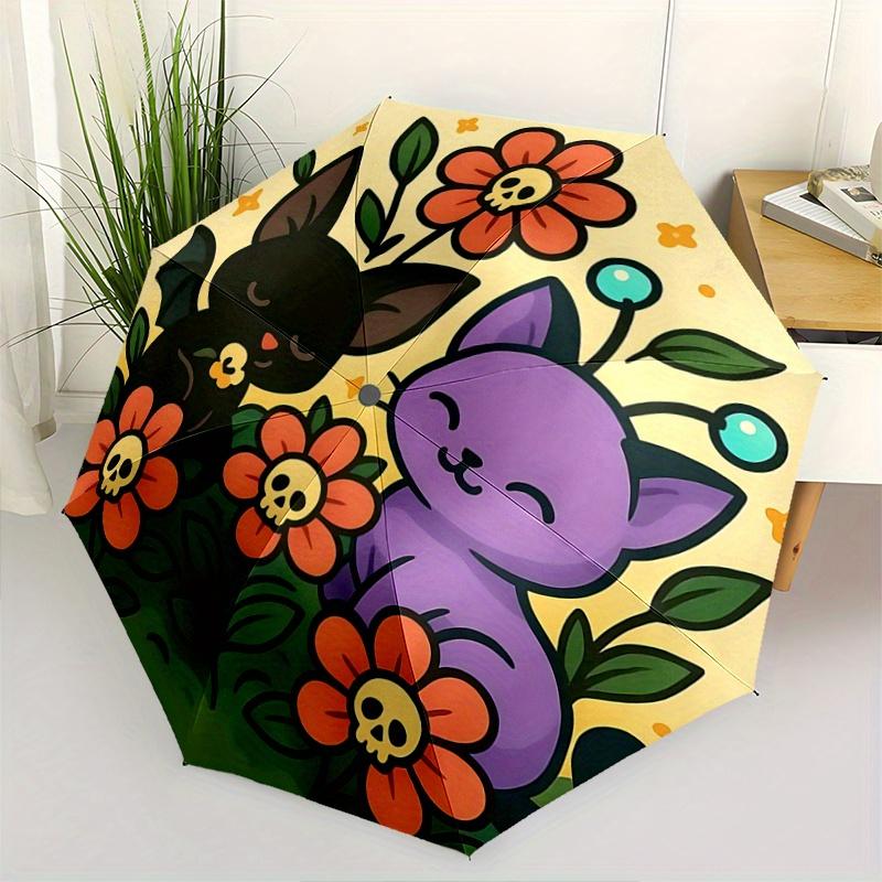 1pc Purple Cat & Black Bat Cute Cartoon Automatic Folding Umbrella - 3 Folding Design, Vivid Cartoon Pattern, Suitable for Outdoor Activities, A