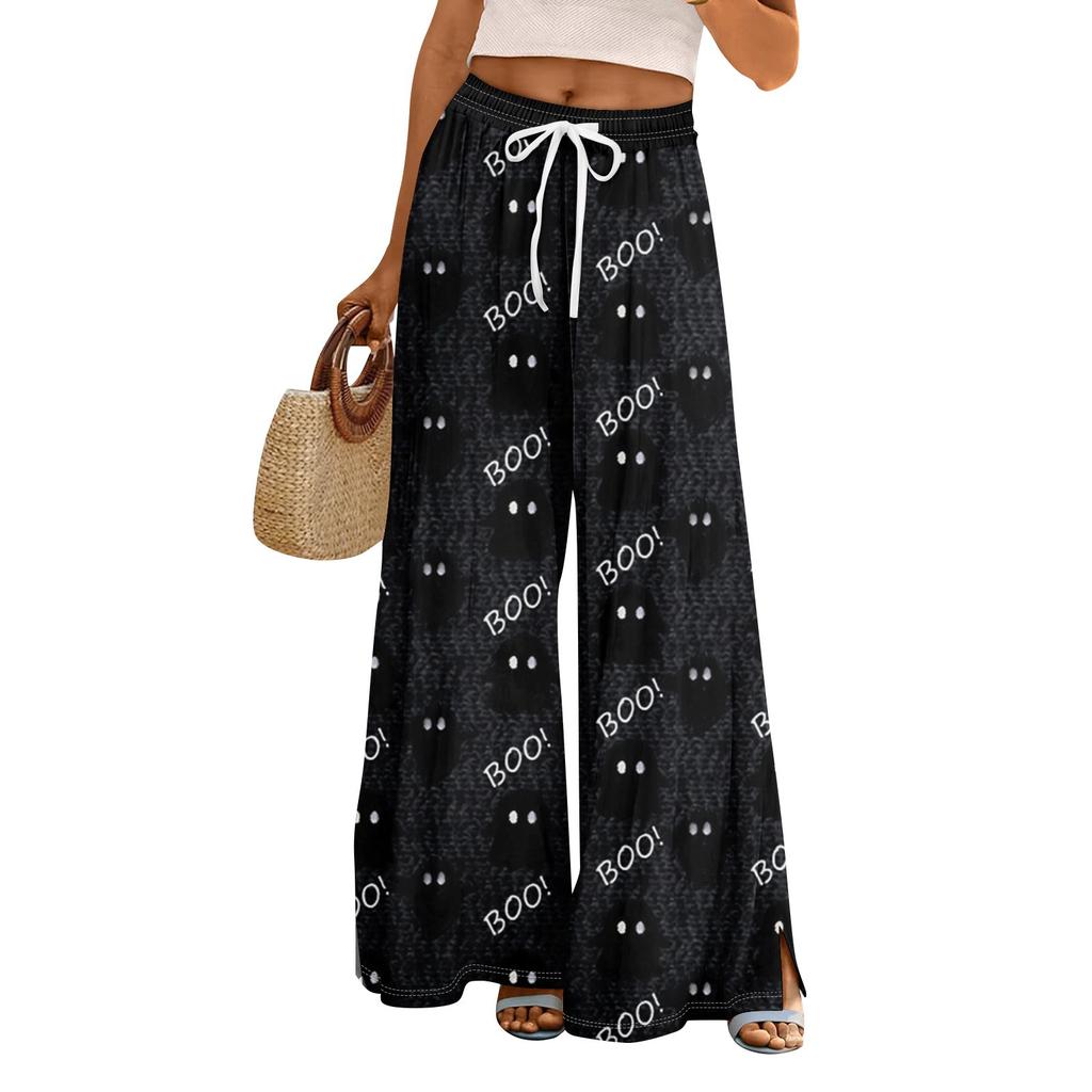 Women Summer Boho Palazzo Pants High Waist Wide Leg Halloween Printing Casual Trousers With Pockets