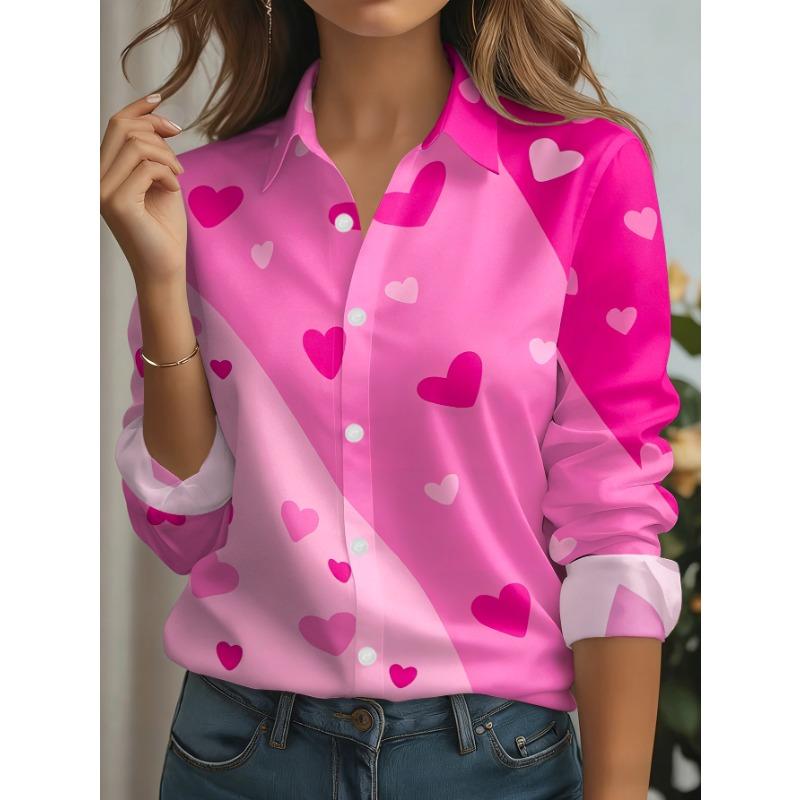New Women's Casual Button Long Sleeve Shirt Pink Heart Pattern Background