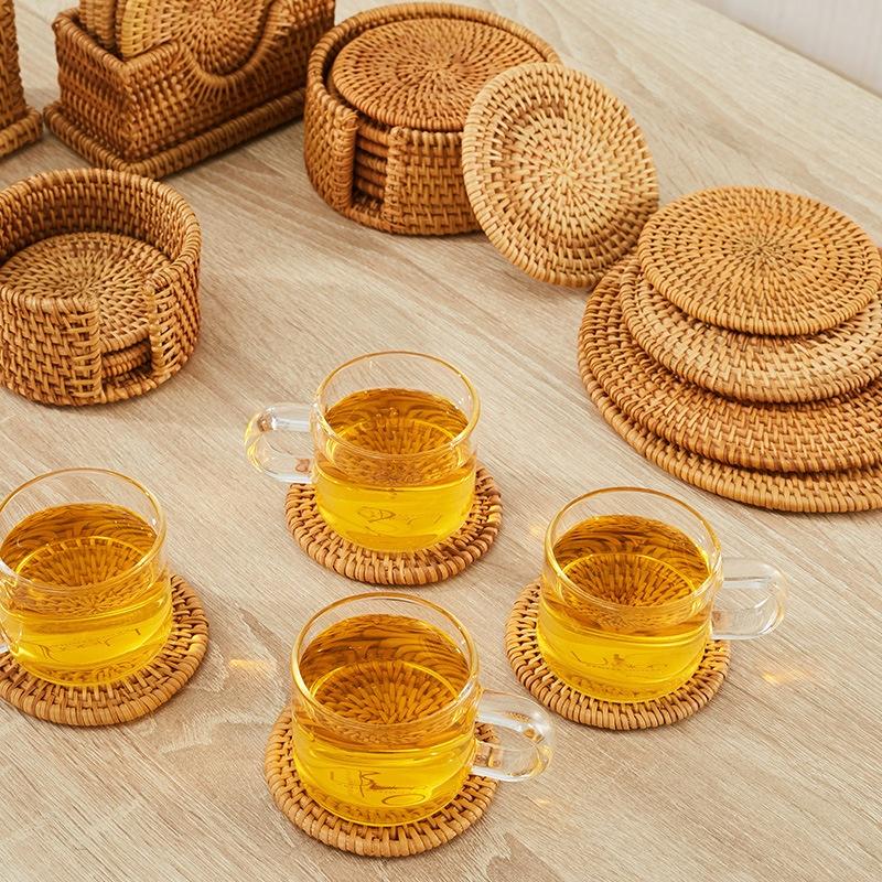 6Pcs/ Drink Coasters Set for Kungfu Tea Accessories Round Tableware Placemat Dish Mat Rattan Weave Cup Mat Pad