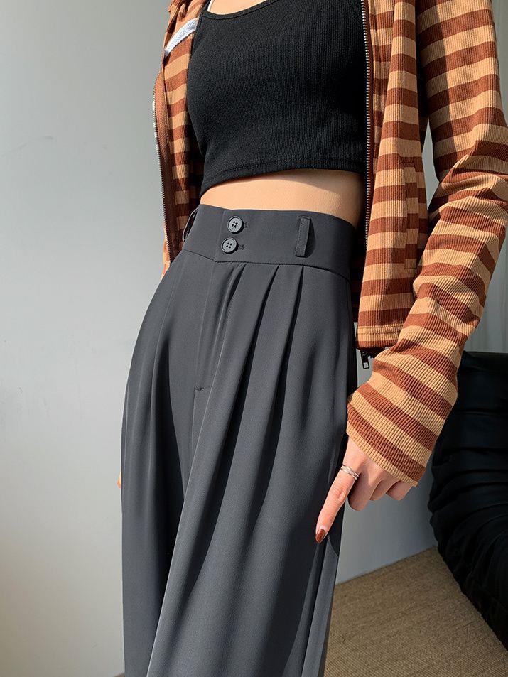 Gray High-Waisted Wide-Leg Pants for Women - Spring Plus Size, Drapey Straight Casual Suit