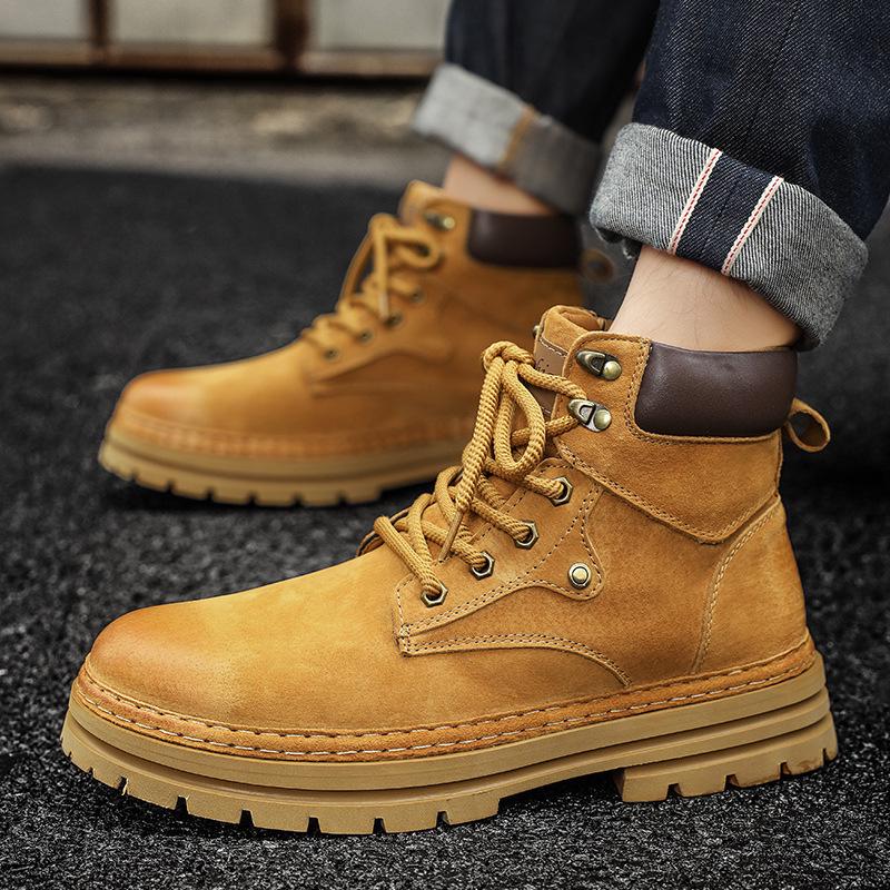 Men's Autumn/Winter Lightweight Breathable British Style High-Top Yellow Pigskin Work Boots
