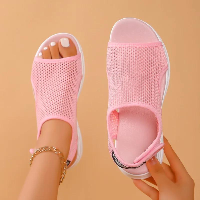 Fashion Summer Women Slip on Sandals New Thick Bottom Round Head Mesh Slippers Hollow Casual Comfort Shoes Breathable Non-slip Sandals