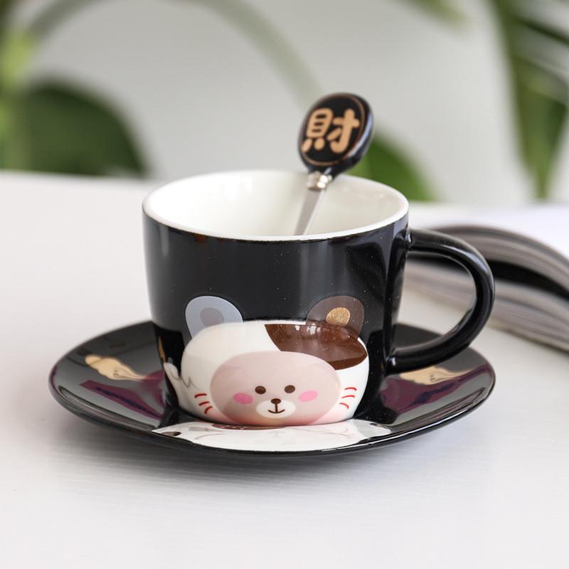 

250ML European style Embossed Animal Lucky Cat Coffee Cup Creative Ceramic Mug Water Cup For Lady Lovers Women Boy And Girls 201-300ml чёрный