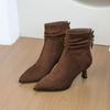 Gentle and fashionable pointed suede high-heeled short boots women's 2025 new pleated piled boots temperament thin heel thin boots