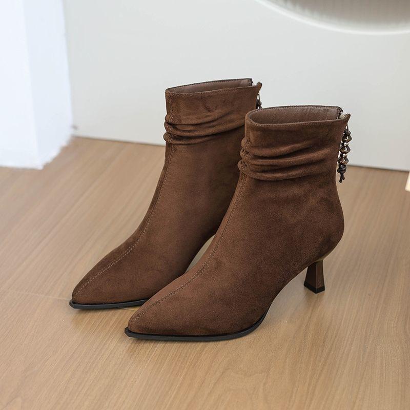 Gentle and fashionable pointed suede high-heeled short boots women's 2025 new pleated piled boots temperament thin heel thin boots