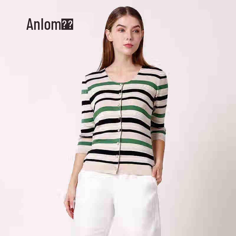 Anlom Women's Striped Round Neck Knit Cardigan