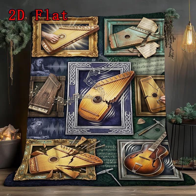 Musical Instruments Frames 2D Flat Pattern Flannel Blanket, High Quality All Seasons, Home Decor, Warmth and Comfort, Perfect for Christmas Gifts.