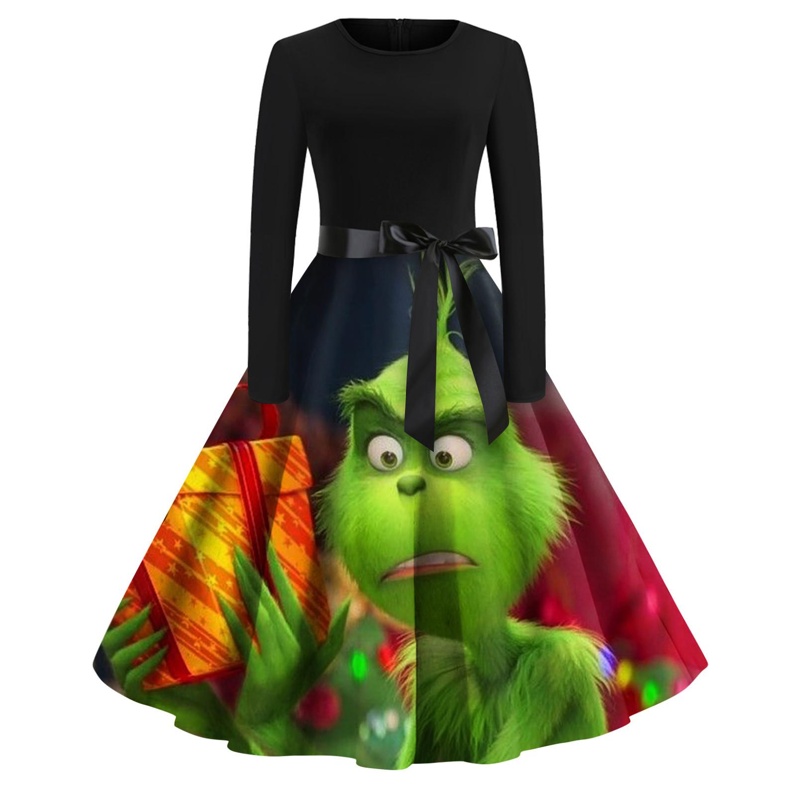 

Women s Christmas Print Flare Dress For Women Long Sleeve Dress Party Casual Dresses XXL чорний