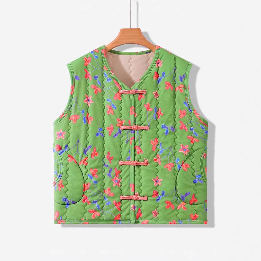 Women's Plus Size Floral Fleece-Lined Cotton Vest - Sleeveless, Thick, Warm Jacket for Middle-Aged and Elderly