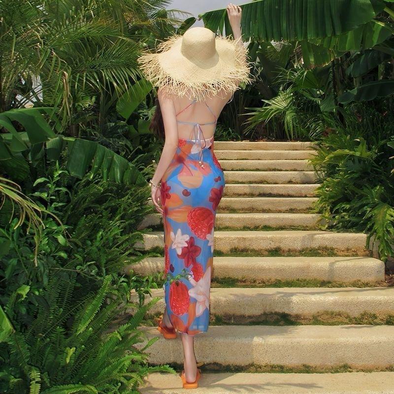 Thailand Summer Dopamine Print Halter Island Suspender Dress Strap Seaside Beach Tropical Vacation Slim Fit