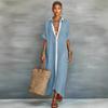 Spring Turn-down Collar Button Shirt Dress Woman Casual Patchwork Loose Long Dress Summer Short Sleeve Beach Vacation Dress