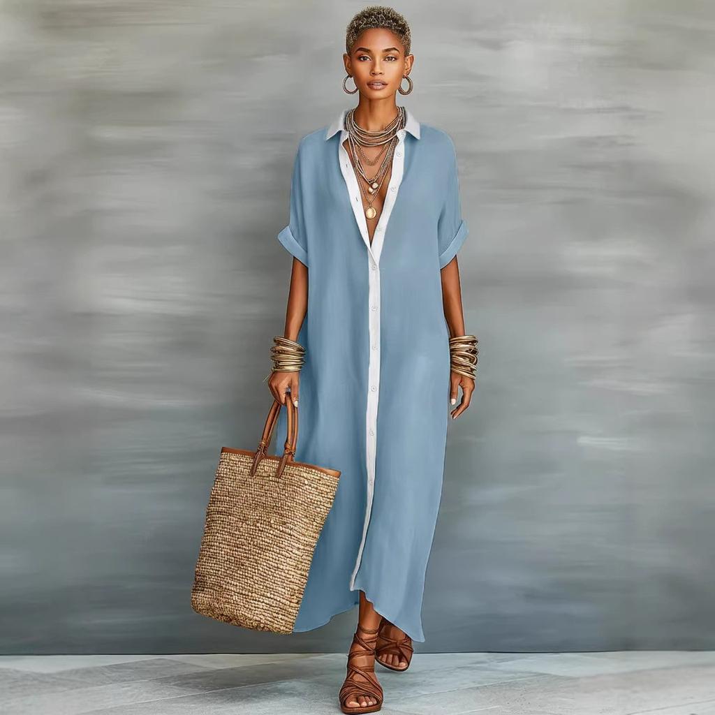 Spring Turn-down Collar Button Shirt Dress Woman Casual Patchwork Loose Long Dress Summer Short Sleeve Beach Vacation Dress