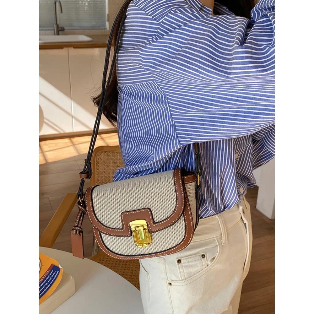 2024 New Small Style Contrast Panel Canvas Retro One Shoulder Crossbody Saddle Bag Handbags