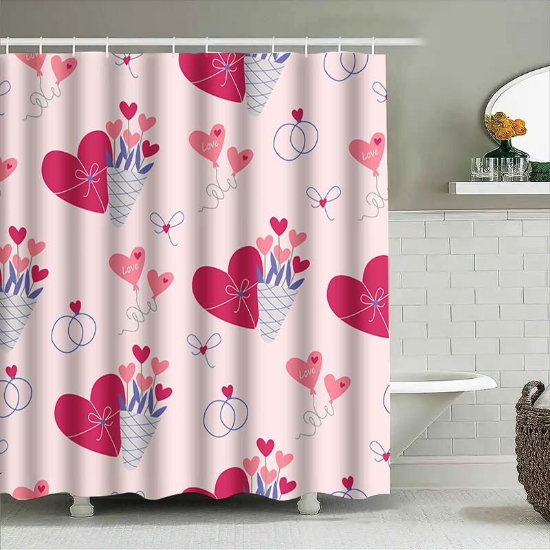Love Heart Print Shower Curtain Pink Color With Ring Design For Bathroom Decor.
