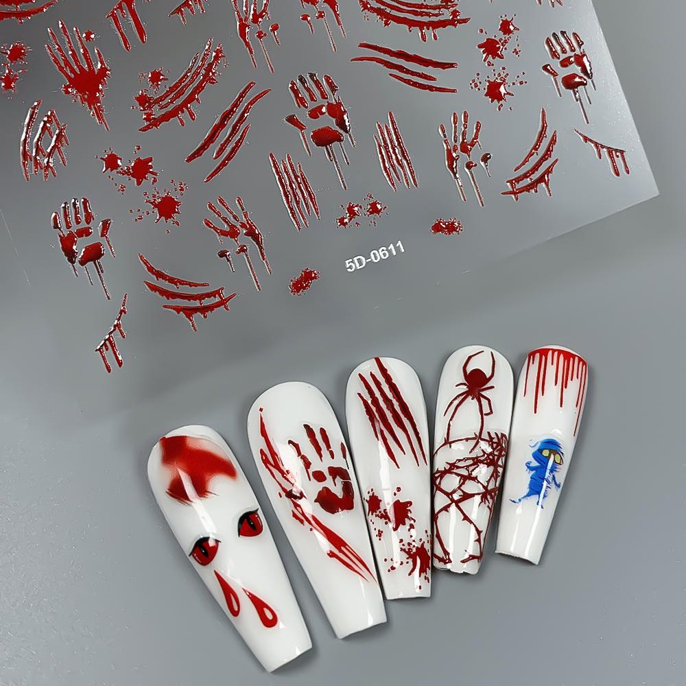 1pcs Bloody Hand Halloween Nail Sticker 5D Embossed Scary Blood Red Blood Nail Decals Halloween Party Self Adhesive Nails Decora