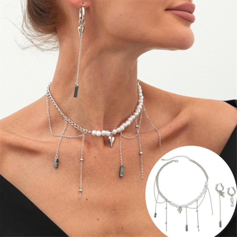 Retro Layer Earrings and Necklace With Bohemian Heart Pendant Pearls Choker And Cuban Chain Jewelry For Women Girls
