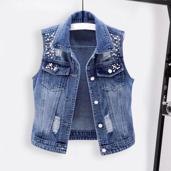 Lapel Sleeveless Single Breasted Flap Pockets Beads Decor Women Waistcoat Solid Color Ripped