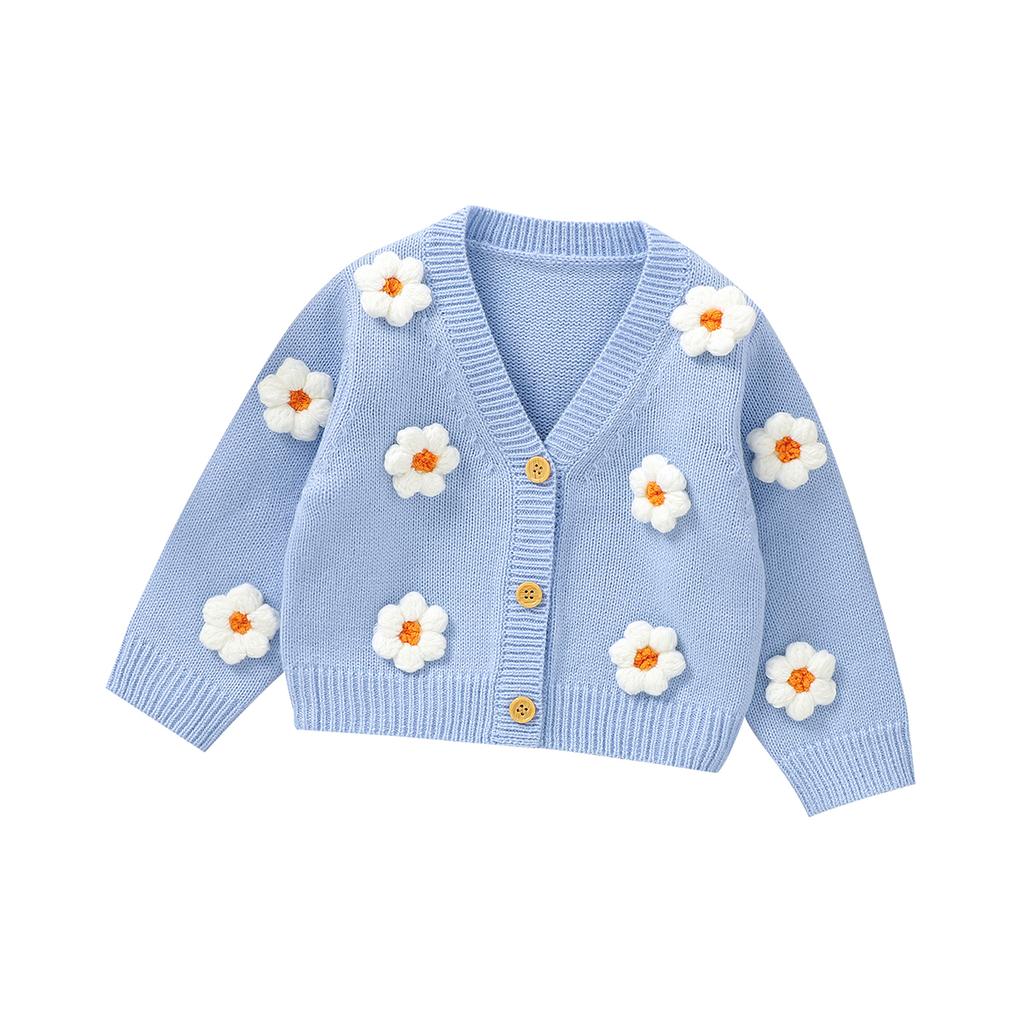 Sweet Long Sleeve V-neck Single Breasted Baby Girls Spring & Fall Coat Knitted Acrylic Babies Cardigan For 6-36 Months Newborn