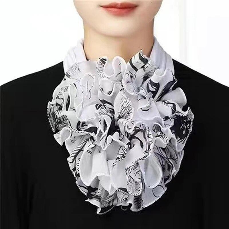 

Floral Print Chiffon Neck Collar Ruffles Fake Collar Elegant Women Neckerchief Detachable Neck Warm Instant Scarf 23*14cm