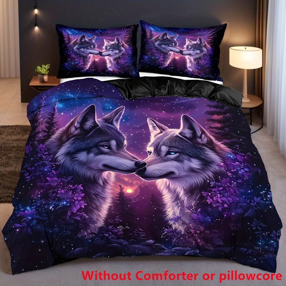 

2/3pcs Purple Starry Wolf Forest Floral Print Duvet Cover Set 1 Duvet Cover 1/2 Pillowcase, Without Core Comfortable Duvet Cover (135x200cm)