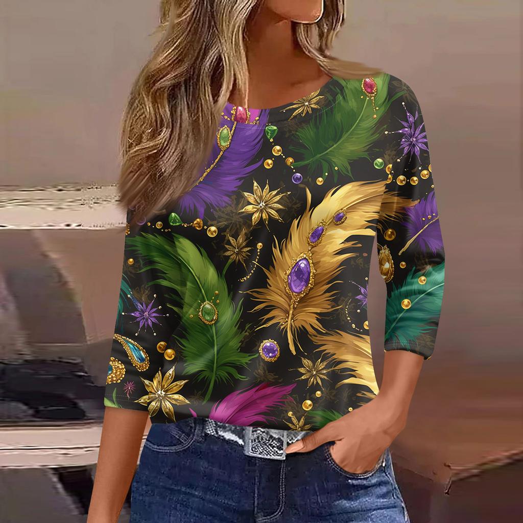 3/4 Length Sleeve Womens Tops Floral Print Vintage Fashion Casual Loose With Round Neck Plus Size Shirts