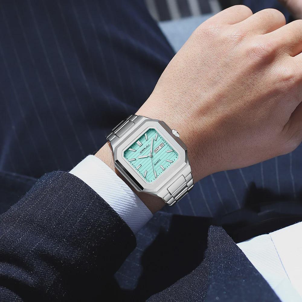 Luxury Men's Quartz Watch Square Case Day Date Display Stainless Steel Wristwatch