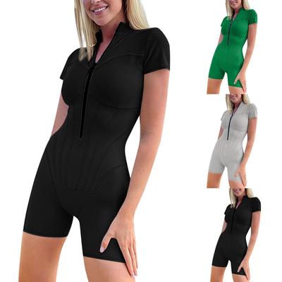 Women's Tight-fitting Jumpsuit And Winter Short Sleeve Zipper Striped Leggings