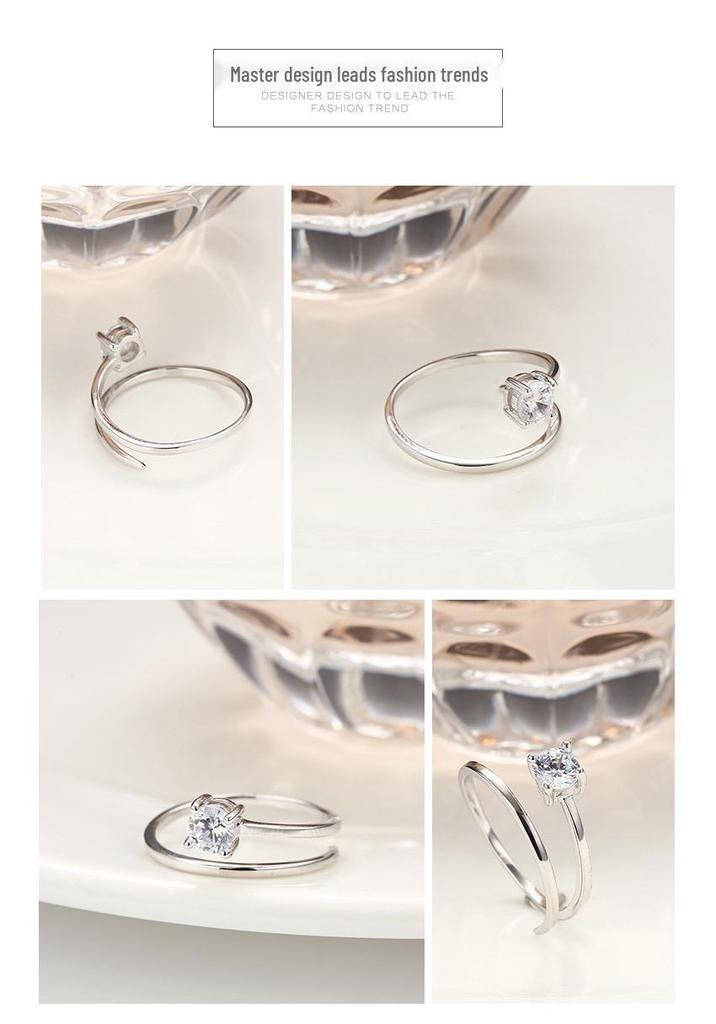 S925 Sterling Silver Adjustable Open Ring with Diamond Inlays - Four-Prong Design, Perfect for Qixi Festival.