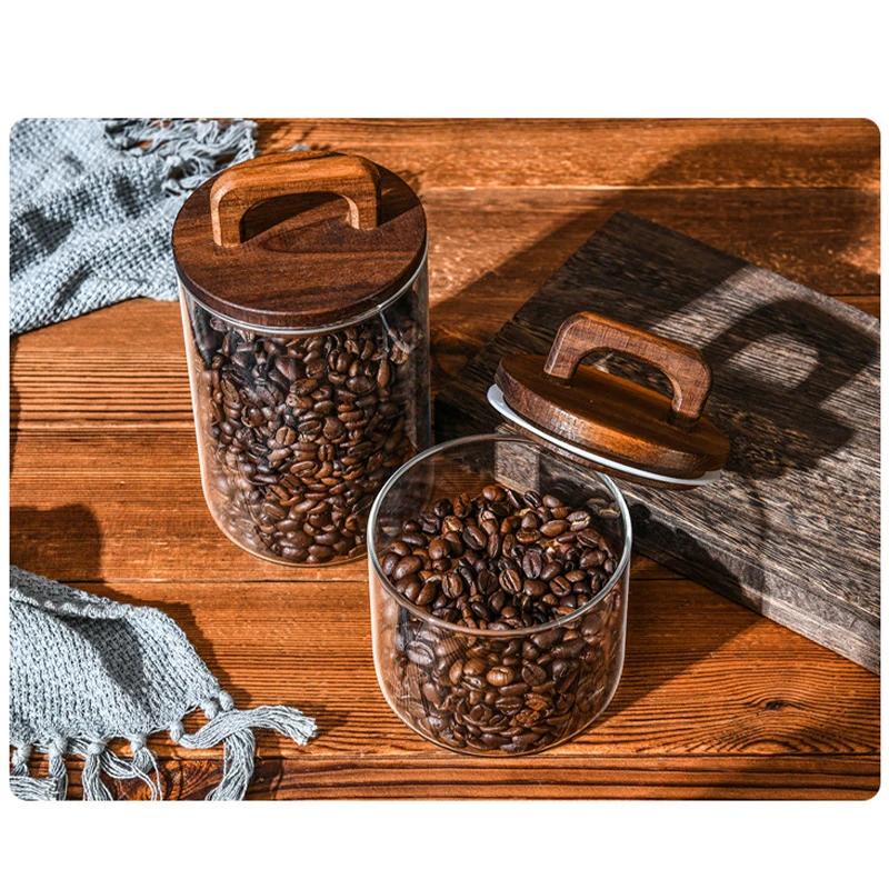 Thickened Glass Sealed Jar with Wooden Lid Waterproof Moisture-proof Coffee Bean Storage Tray Transparent Tea Cereal Containerr