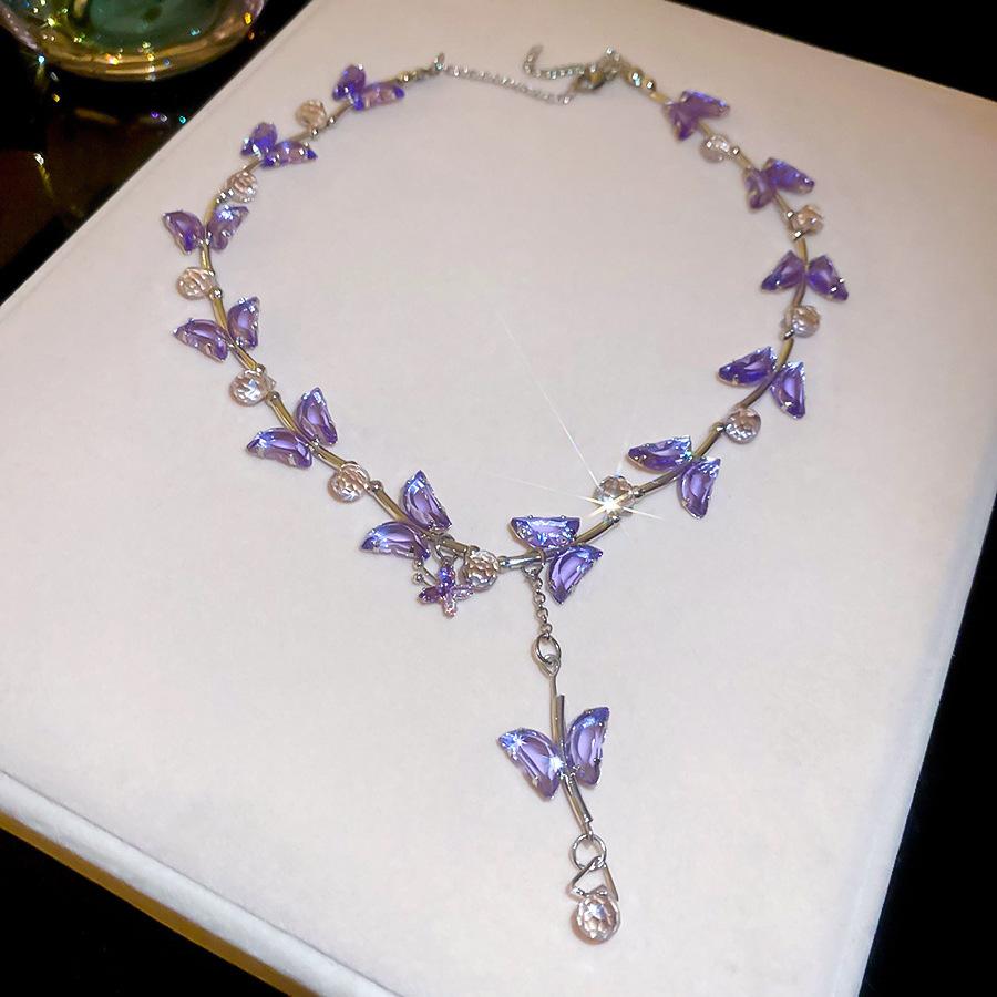 Women Purple Glass Rhinestone Butterfly Wing Pendant Necklace Silver Plated Copper Chain Tassel Choker 46cm