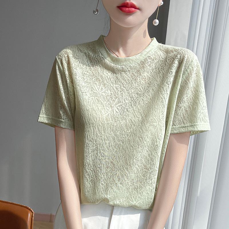 Új nyári stílus Jacquard Tencel kötött rövid ujjú női kerek nyakú kötött póló