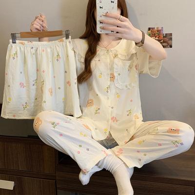Lace Doll Collar Flower Bear Summer Short-Sleeved Pajamas Women'S Cloud Cotton Loungewear Three-Piece Set