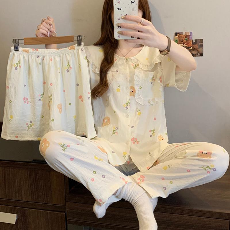 

Кружевной кукольный воротник Цветок Медведь Летняя пижама с коротким рукавом Женская Домашняя одежда из облачного хлопка Набор из трех предметов 2XL