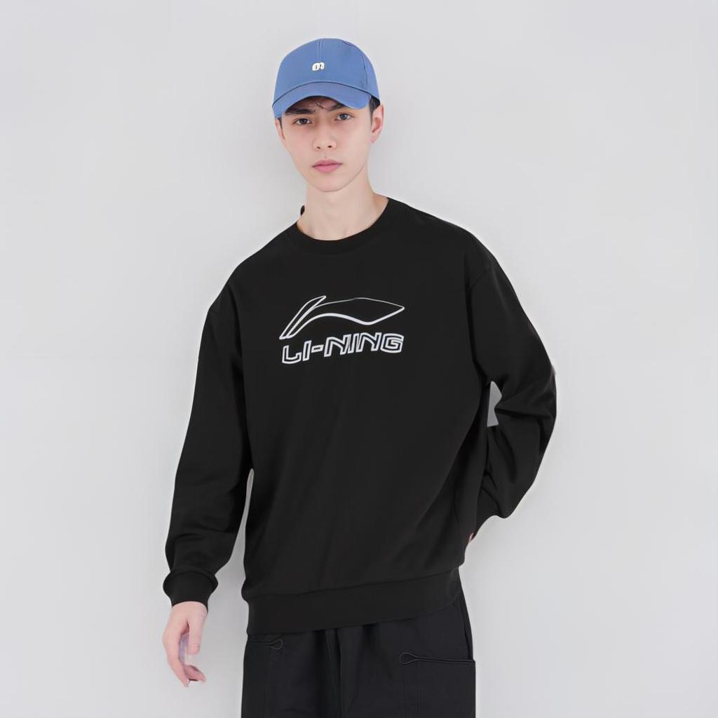 Li Ning Casual Sports Fleece Loose Crew Neck Logo Sweatshirt Men Sweatshirt Black AWDUH43-1