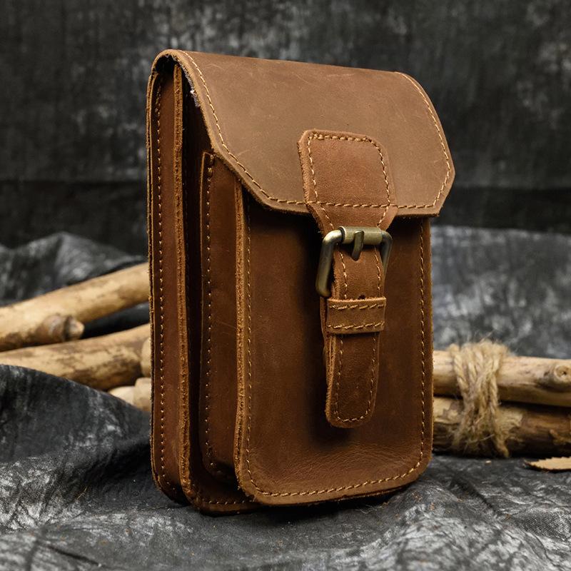 European and American Men's Genuine Leather Waist Bag, Crazy Horse Leather Men's Wear Belt Hanging Bag, Genuine Leather Phone Bag 2087