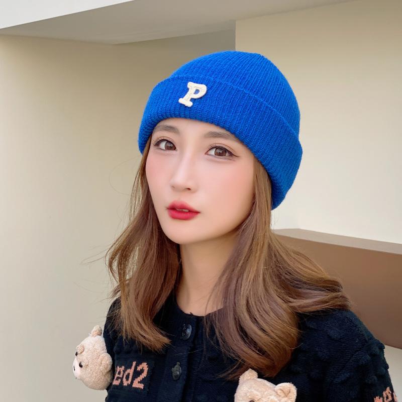 Winter Knitted Hat for Women Warm Pullover Hat P Shaped Bag Head Trendy Face Small Korean Version Wool Hat Men